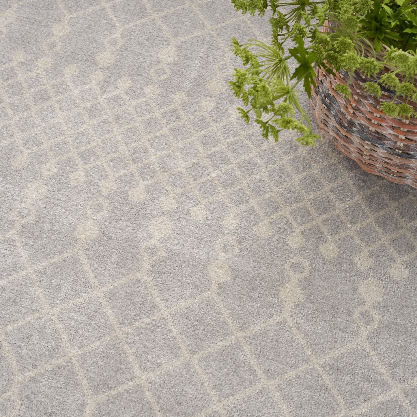 Soft gray rug with beige geometric lattice pattern; woven wicker basket with green plant in the corner.