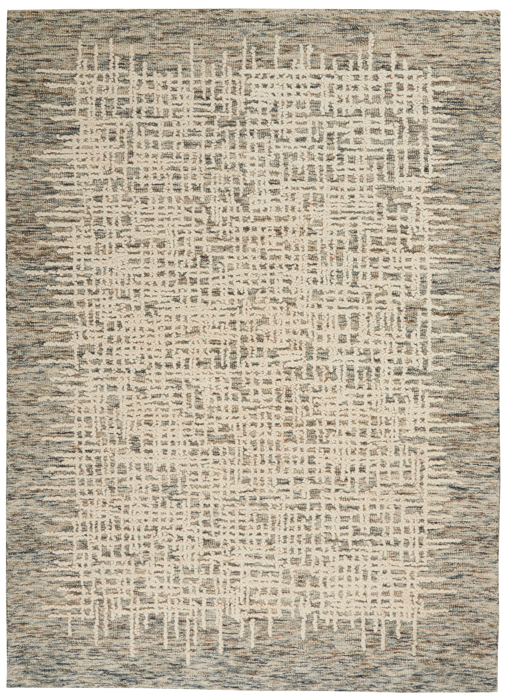Rectangular area rug with cream ivory center and muted blue-gray border; abstract lattice grid in a distressed pattern.