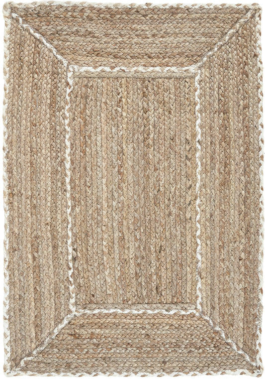 Natural jute rectangular rug with braided border and framed central panel; beige and tan tones, rustic coastal style.