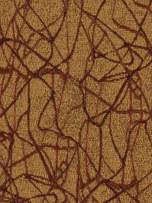 Warm tan fabric with dark brown abstract scribble pattern; textured woven upholstery for drapes or cushions.