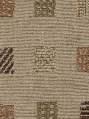 Beige woven upholstery fabric with square patches in brown, olive & rust; coarse textured textile.