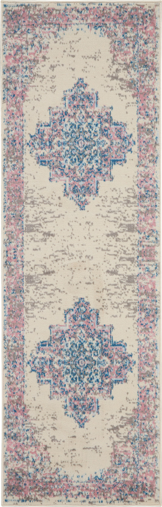 Oriental-style runner rug with cream field and two blue-pink geometric medallions, pink border.