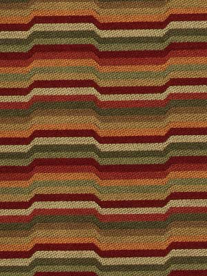 Cozy striped upholstery fabric with stepped horizontal stripes in autumn hues: olive, mustard, orange, red and brown.