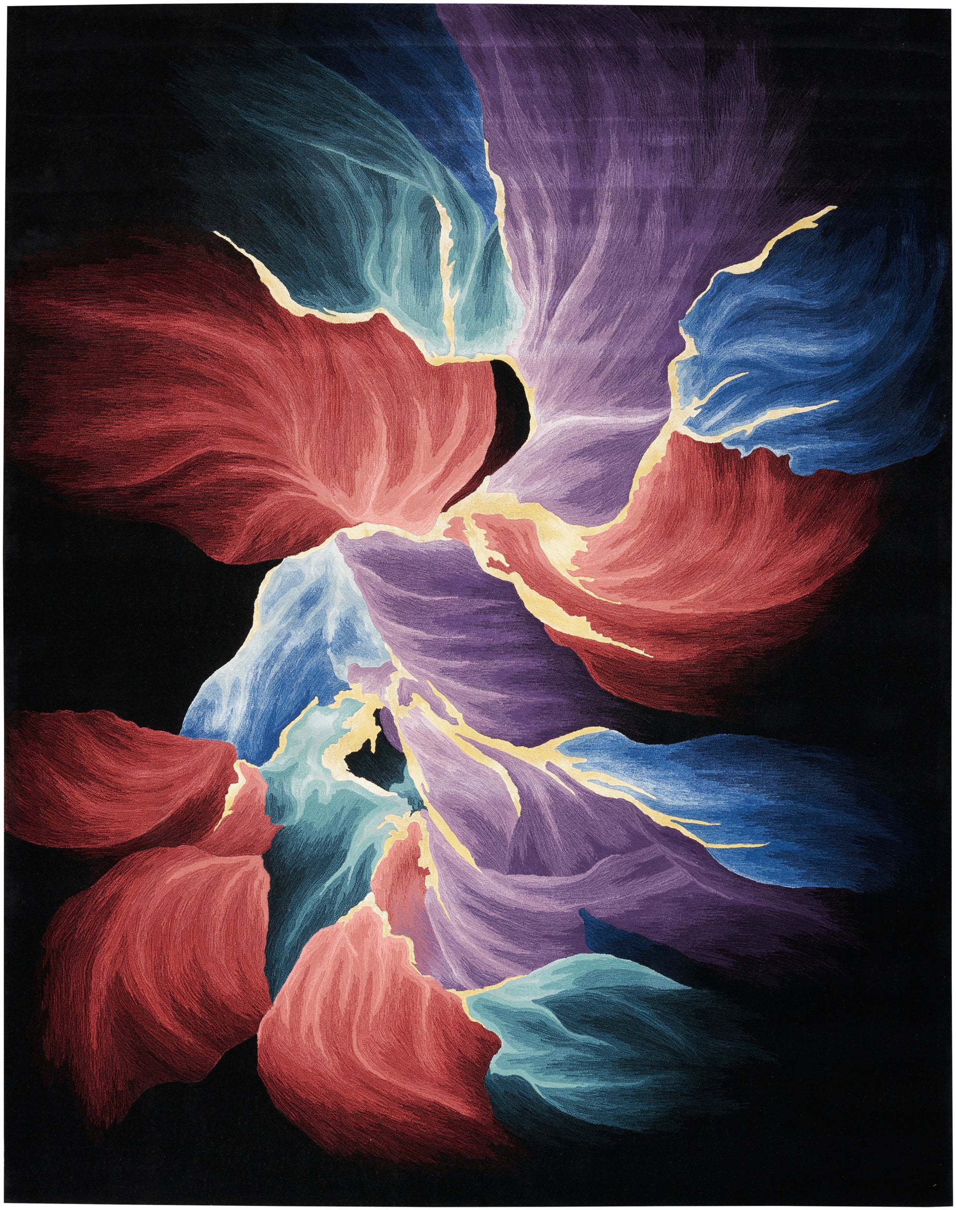 Abstract floral rug with bold red, purple, blue and teal petals radiating from the center on a black background.
