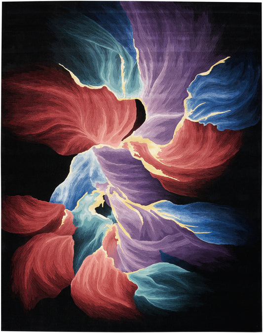 Abstract floral rug with bold red, purple, blue and teal petals radiating from the center on a black background.