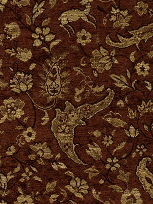 Brown damask upholstery fabric with gold-beige floral vines; ornate tapestry-style pattern.