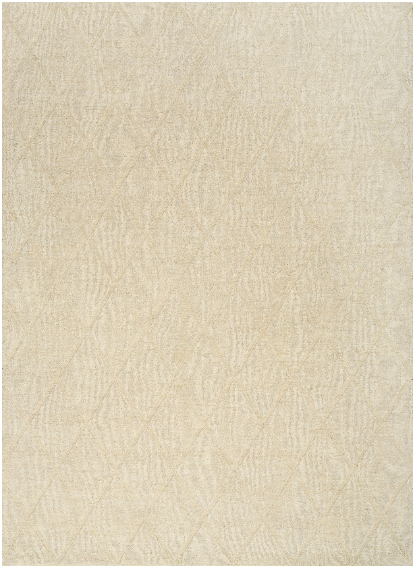 Light beige rug with a subtle diamond quilt pattern; soft, neutral color.
