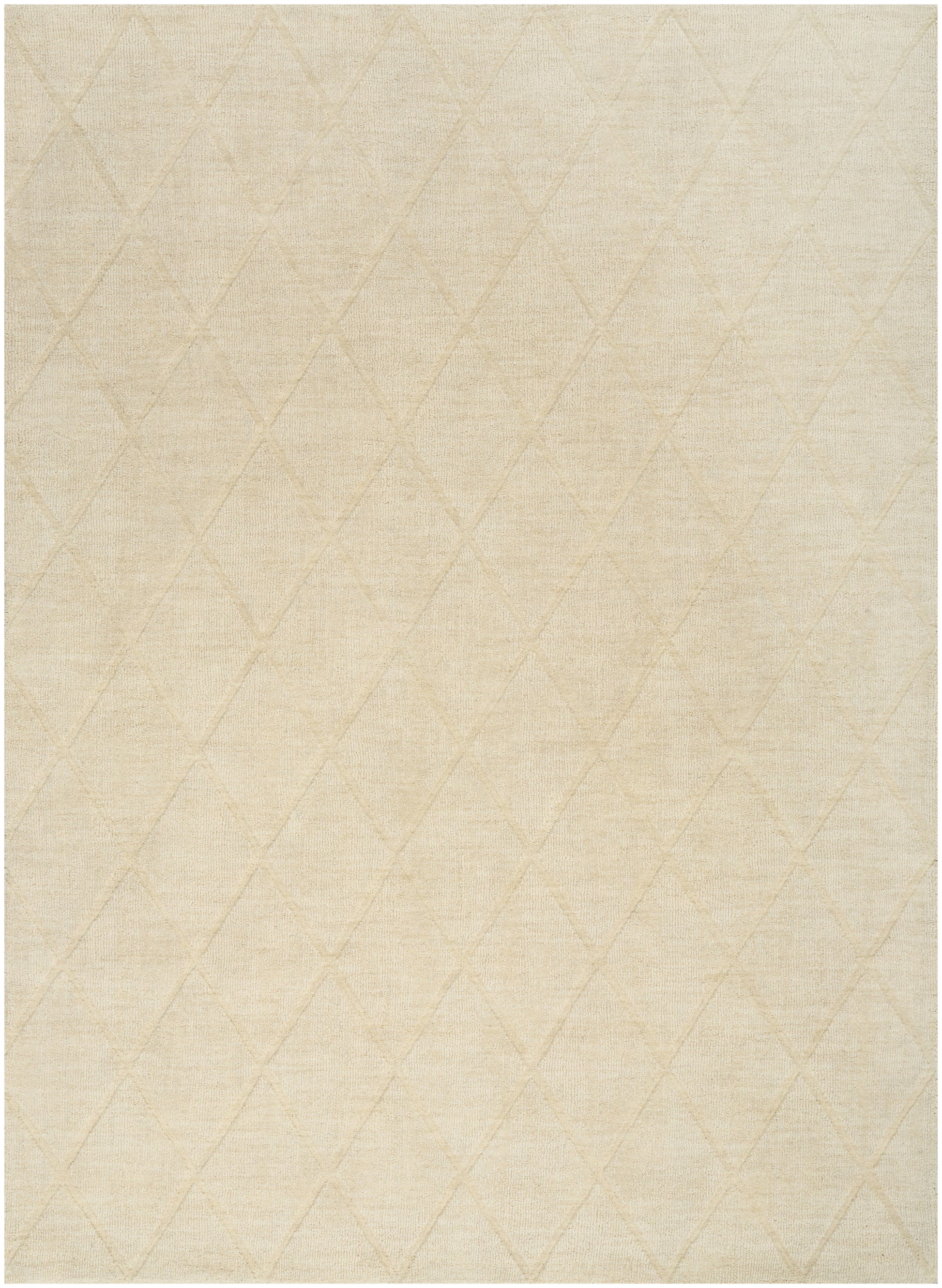 Light beige rug with a subtle diamond quilt pattern; soft, neutral color.