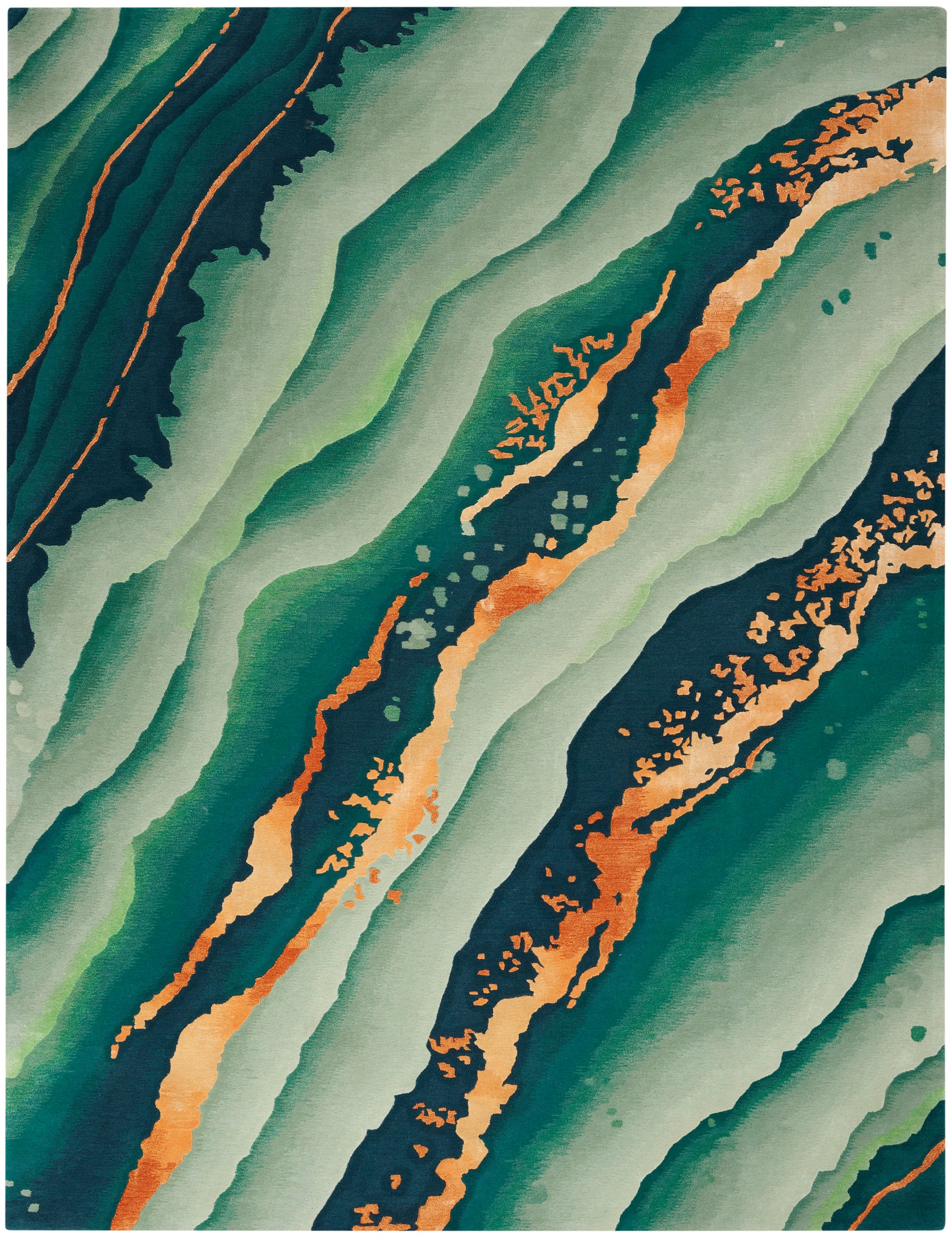 Abstract teal and emerald green diagonal waves with orange crackle accents; modern decorative textile pattern.