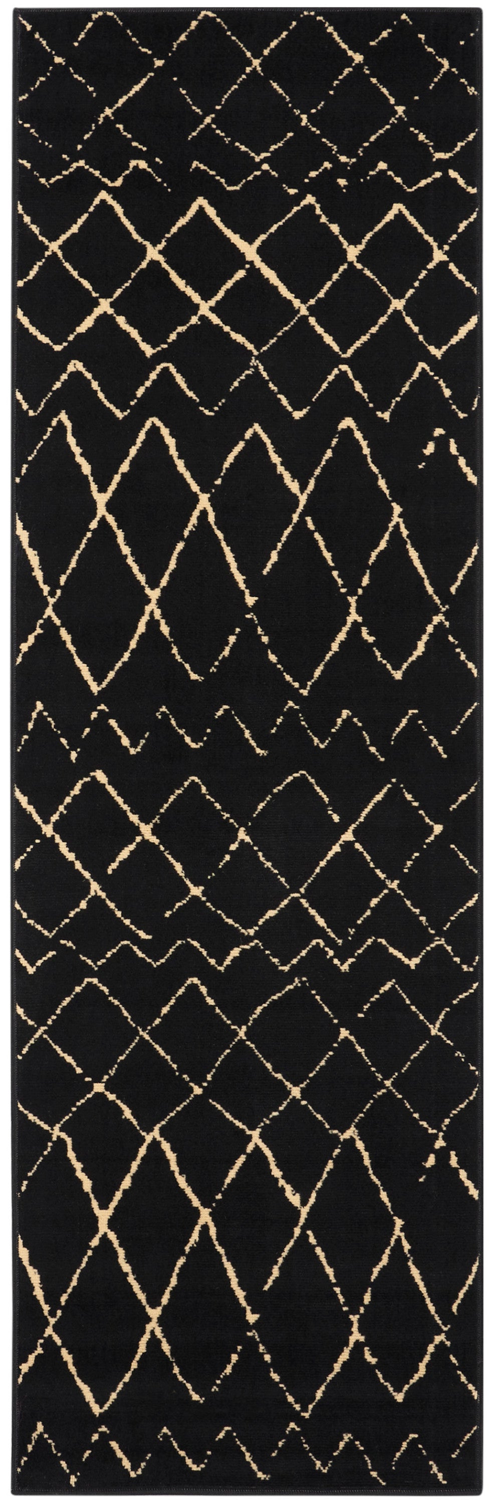 Long rectangular black scarf with gold diamond lattice embroidery; lightweight wrap.