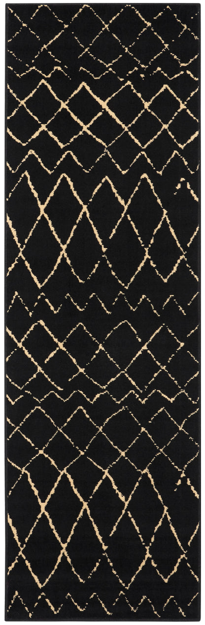 Long rectangular black scarf with gold diamond lattice embroidery; lightweight wrap.