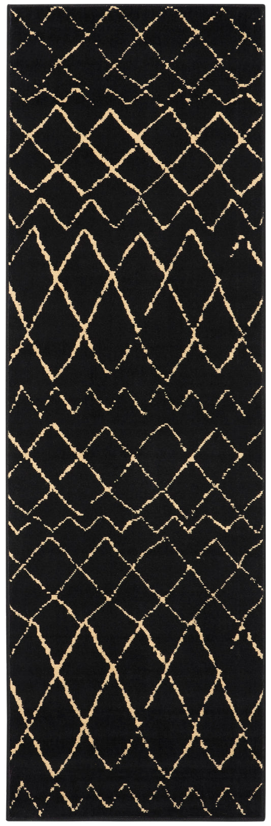 Long rectangular black scarf with gold diamond lattice embroidery; lightweight wrap.