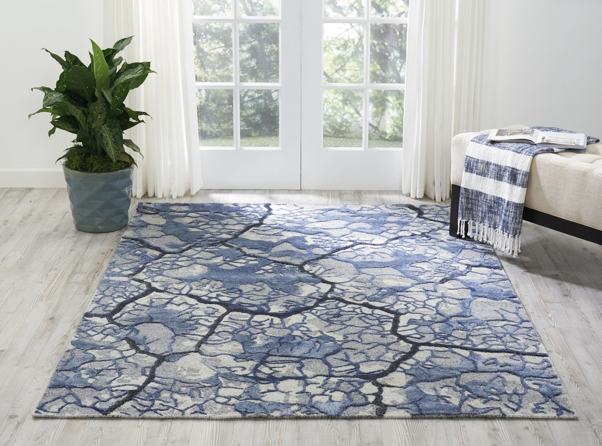 Blue-gray abstract crackle rug on light wood floor by French doors; green plant in blue pot left, beige sofa with blue throw.