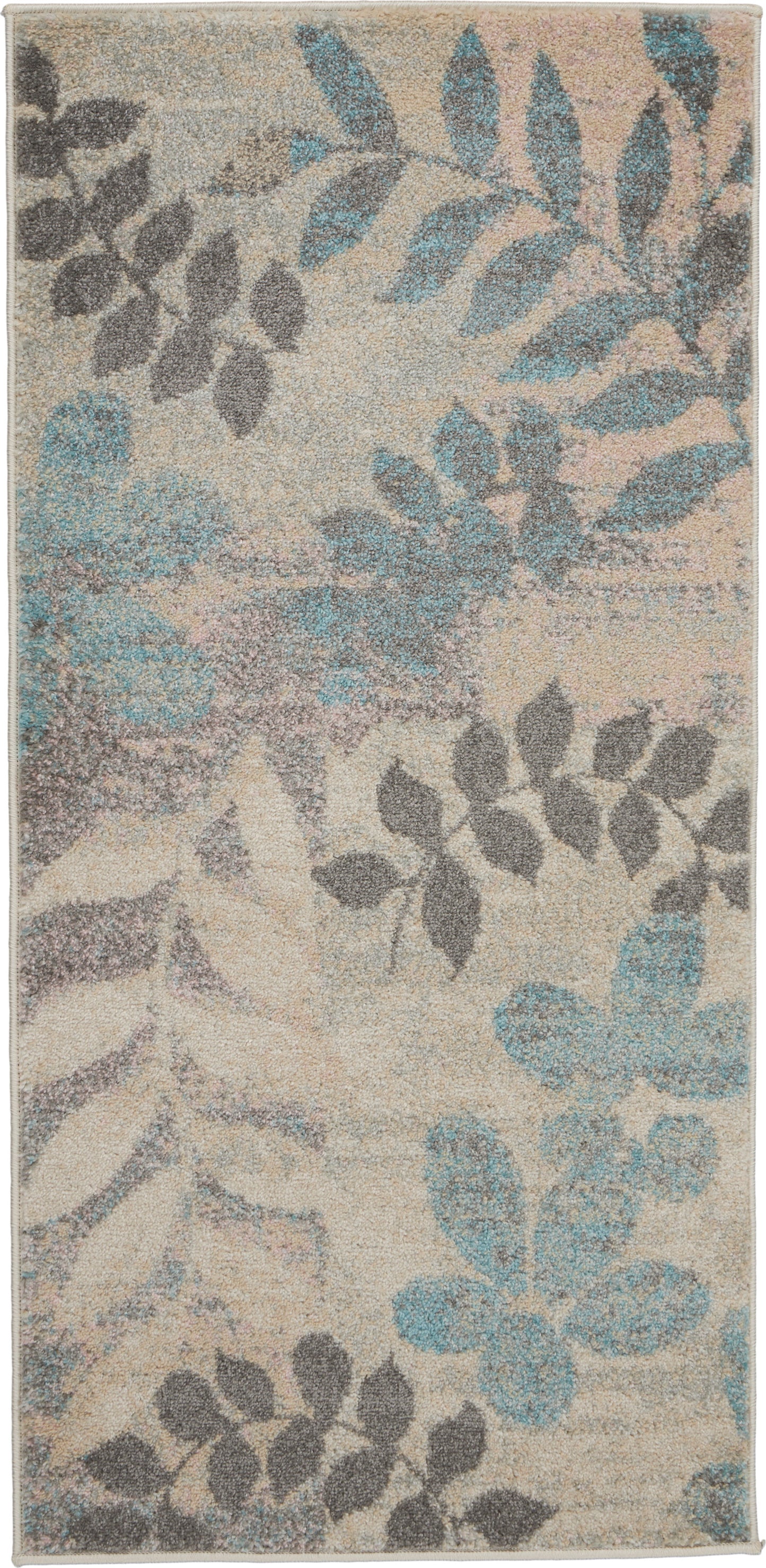 Beige area rug with blue teal and gray floral leaf pattern; plush loop pile.
