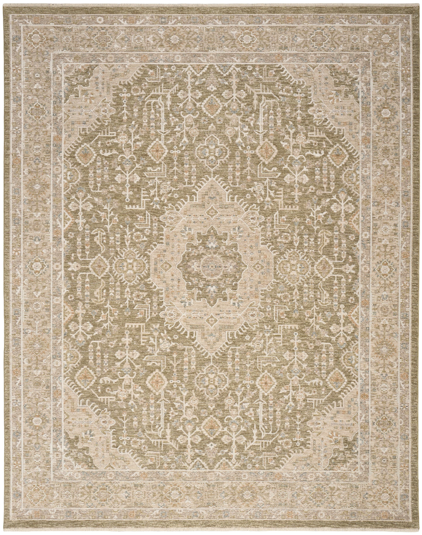 Neutral beige Persian-style area rug with ornate central medallion, ivory borders and floral motifs; vintage look, soft wool blend.