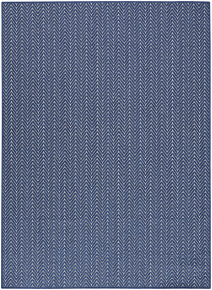 Blue and white chevron pattern rug, rectangular woven textile with zigzag design, modern coastal style.