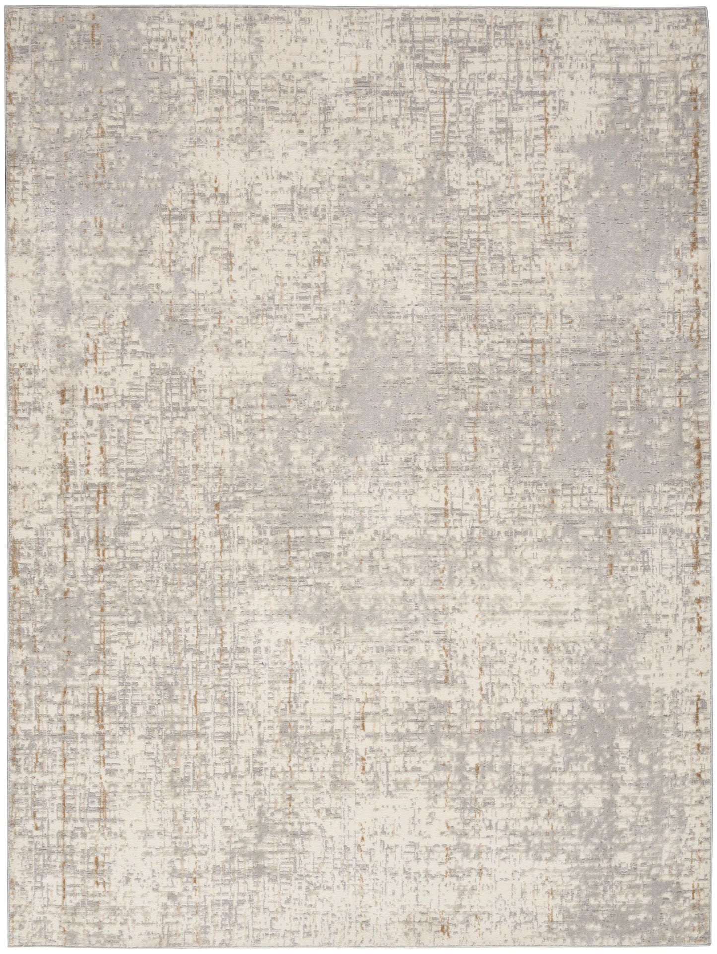 Rectangular abstract area rug in pale gray and beige with a distressed patchwork pattern and copper accents.