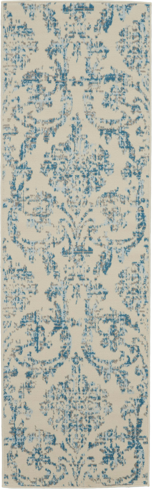 Cream-colored rectangular runner rug with blue distressed damask pattern and ornate floral motifs.