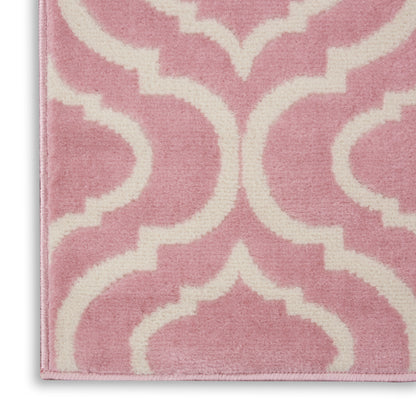 Soft pink 7' runner rug with a white geometric trellis pattern; plush texture, contemporary décor.