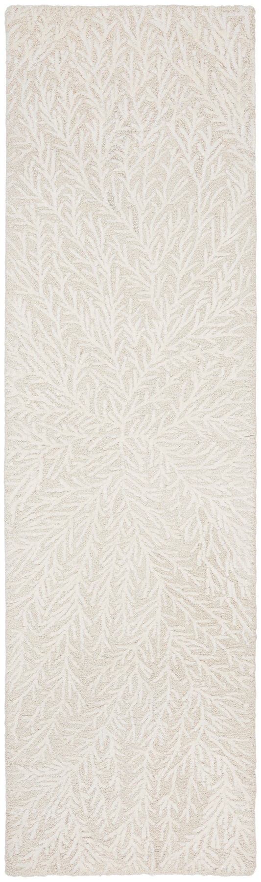 Cream shag rug with taupe branch pattern; long rectangular hallway runner, plush textured.