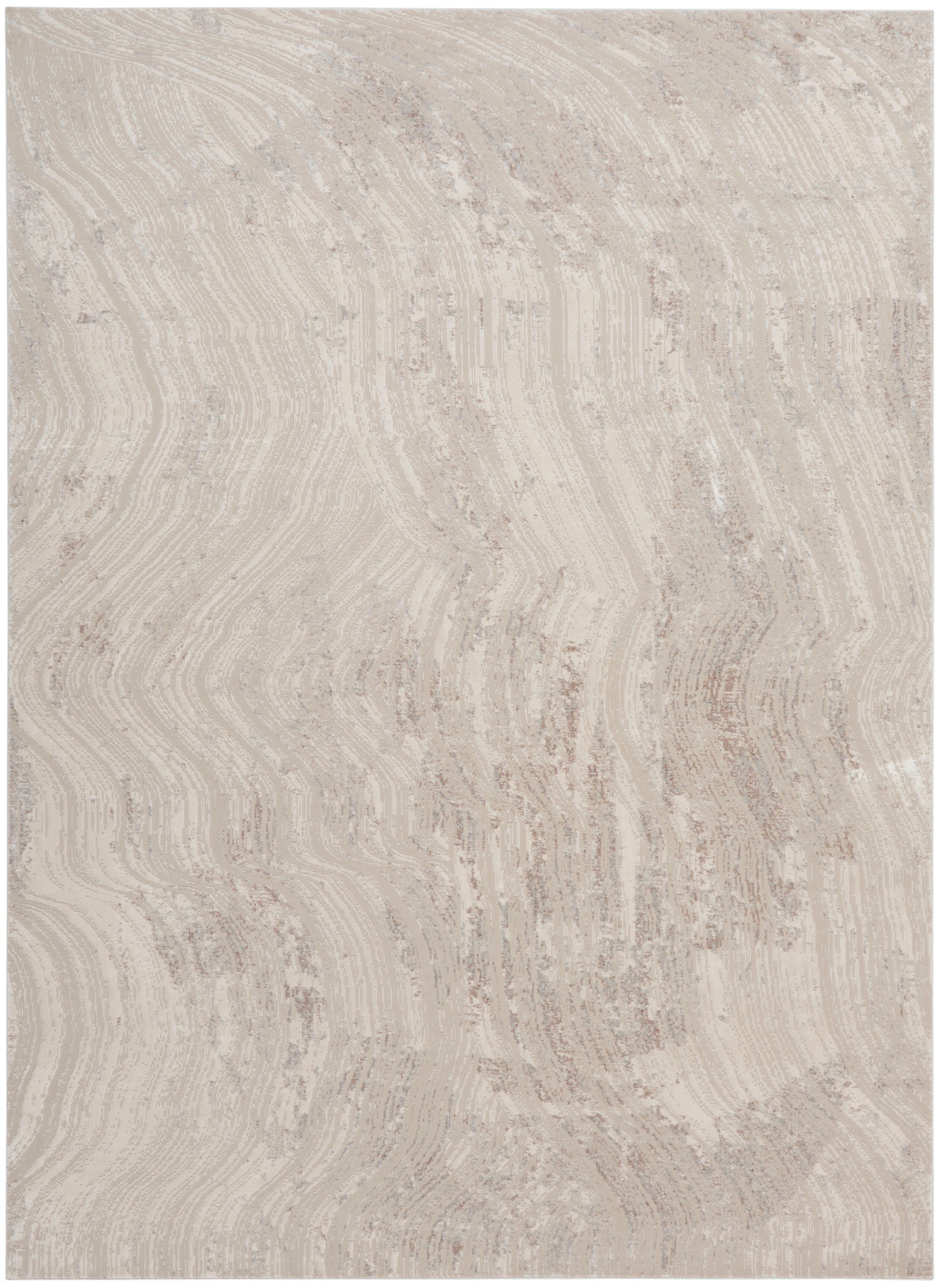 Beige-toned area rug with soft, wavy ivory stripes and subtle marbled texture; 8' x 10'.