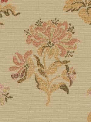 Beige woven fabric with pink and peach floral motifs and green leaves; vintage damask-inspired style.