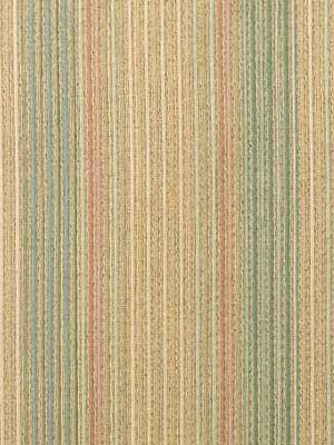 Vertical striped woven rug in beige with pastel blue & green stripes; pink & tan accents; textured.
