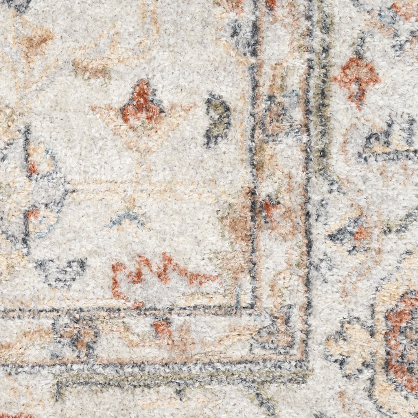 Close-up of a cream wool rug with blue & rust & tan floral border; traditional oriental design.