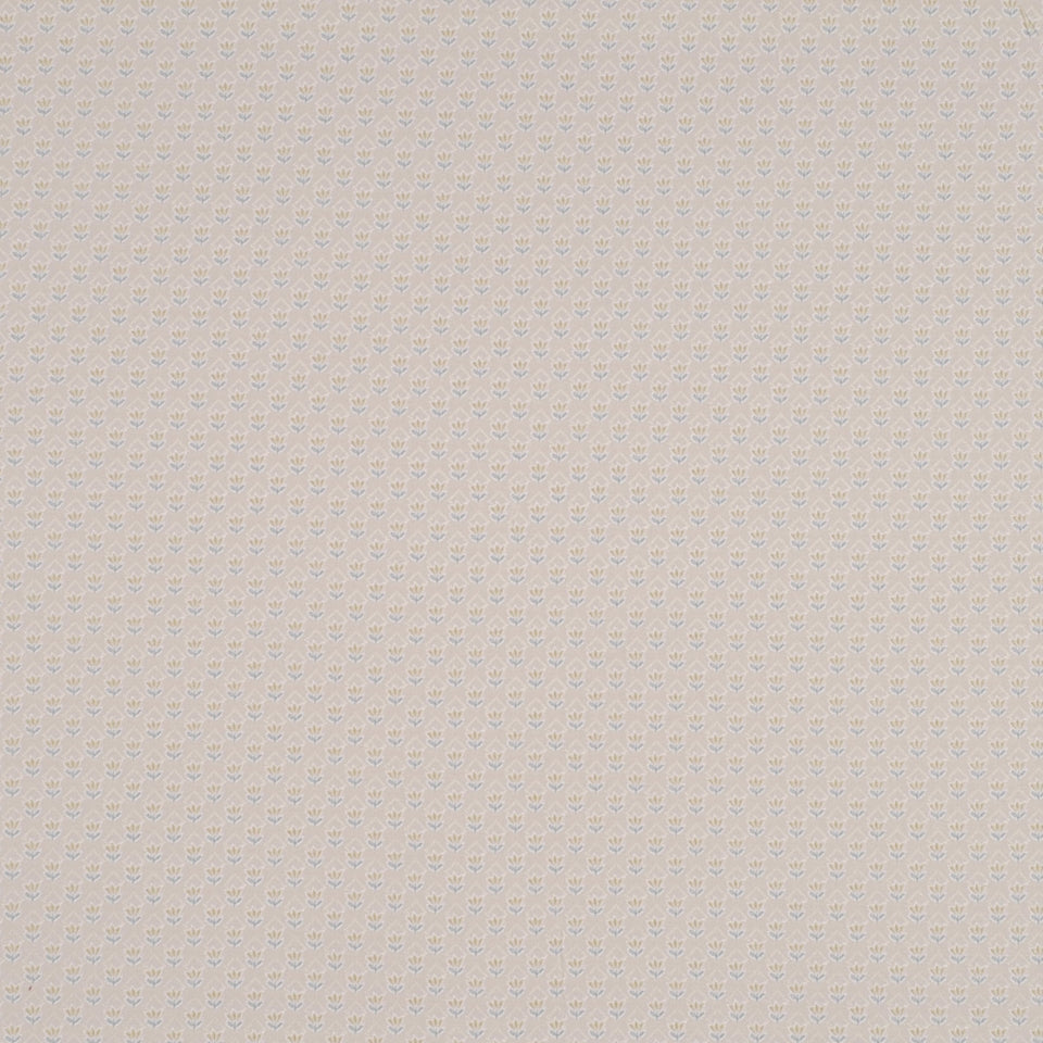 Beige fabric with a tiny blue floral pattern and a subtle woven texture; upholstery fabric.