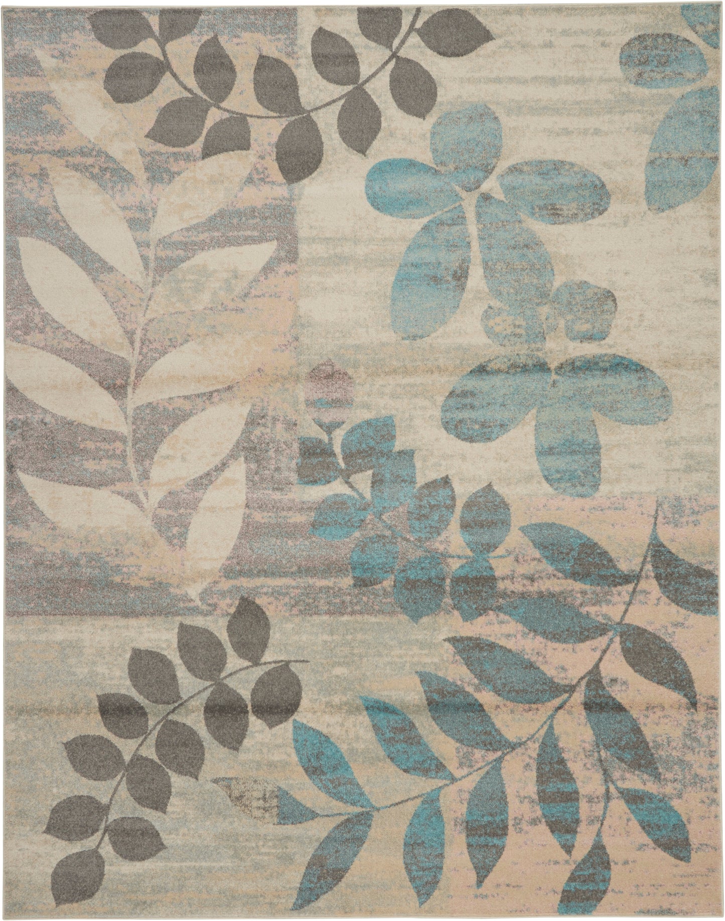 Soft beige distressed area rug with blue-gray botanical leaf pattern.