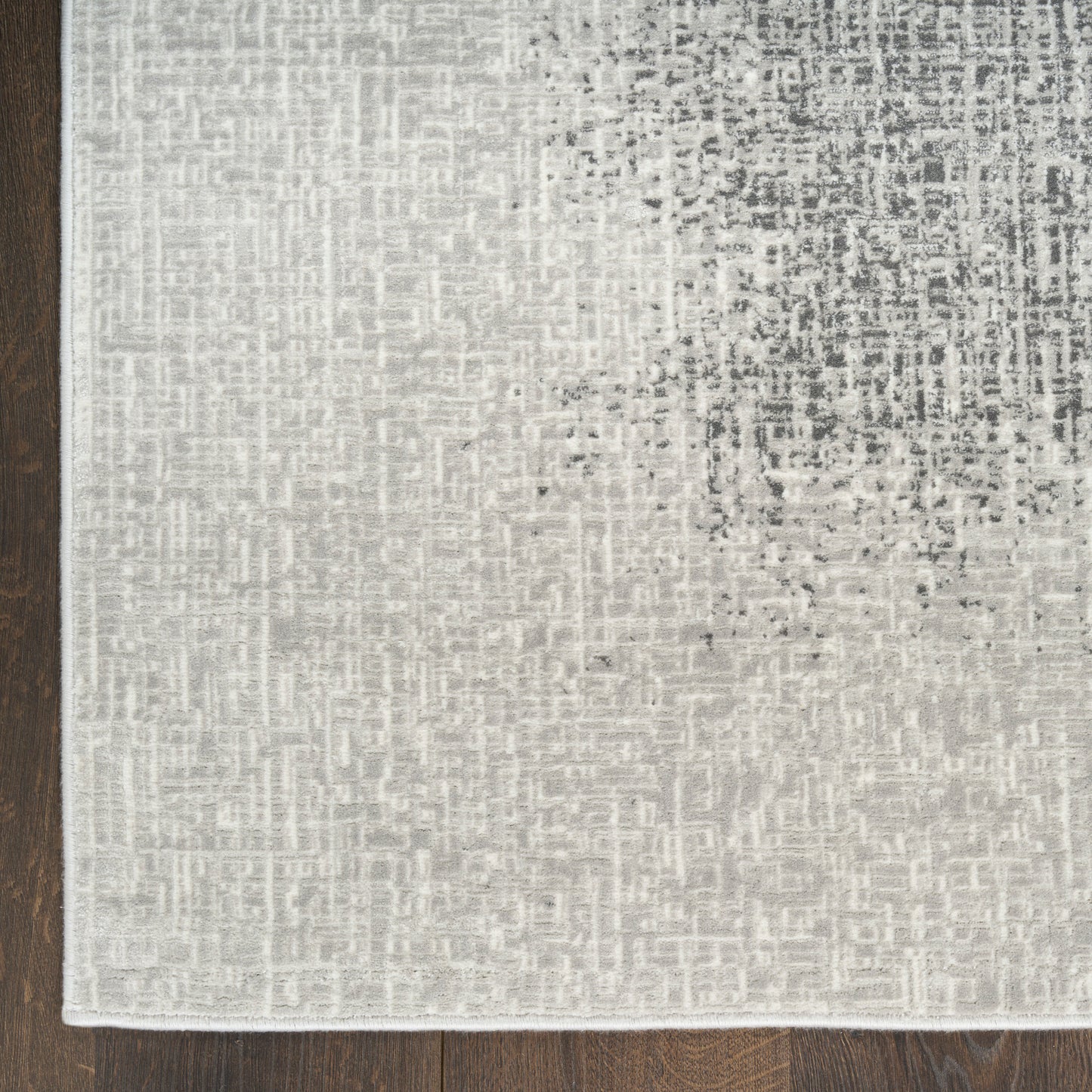 Rectangular light gray-beige area rug with subtle speckled texture; darker top-right mottling on a wooden floor.