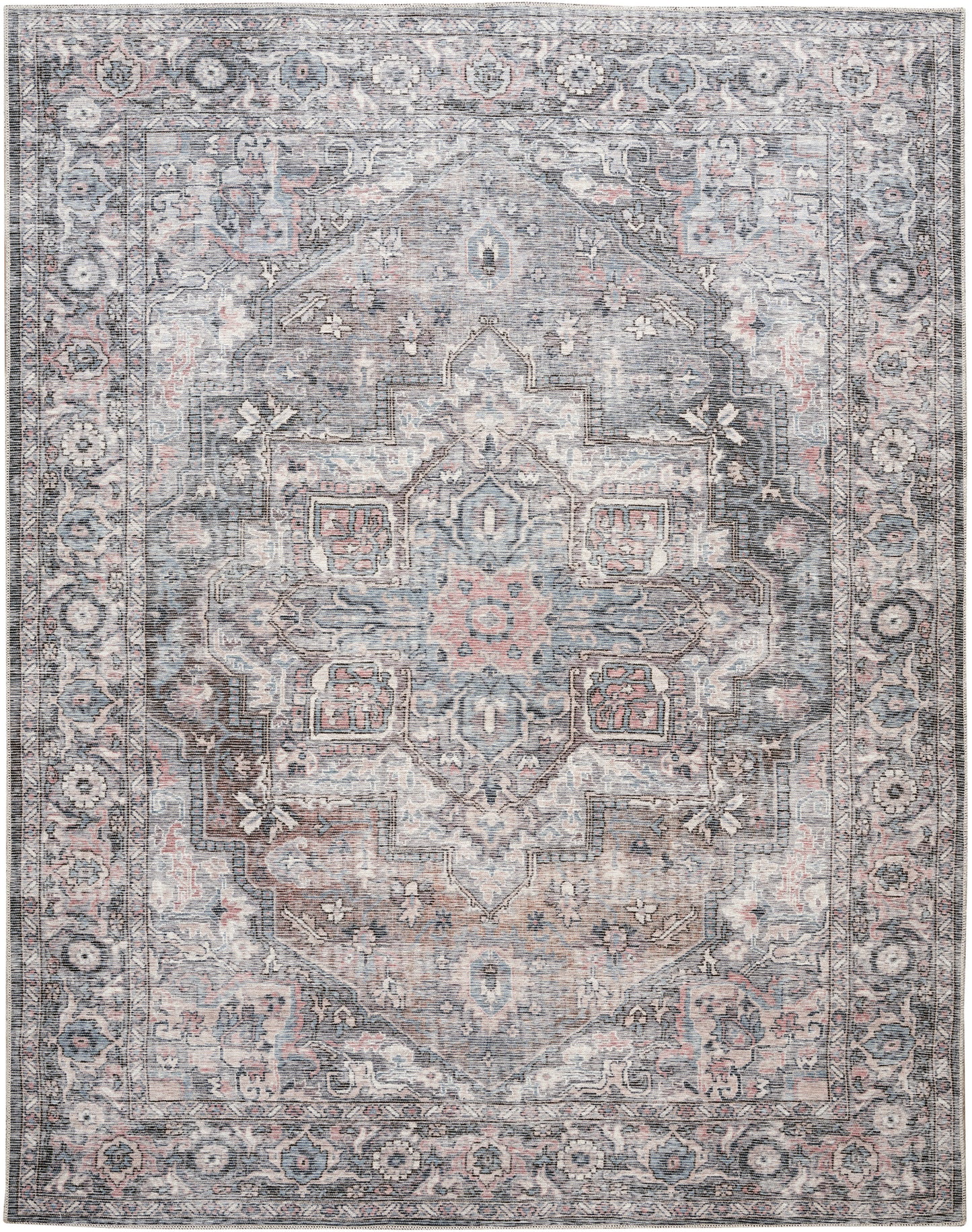 Rectangular vintage-style oriental rug in muted blues, grays, ivory and soft pink with central medallion and floral border.