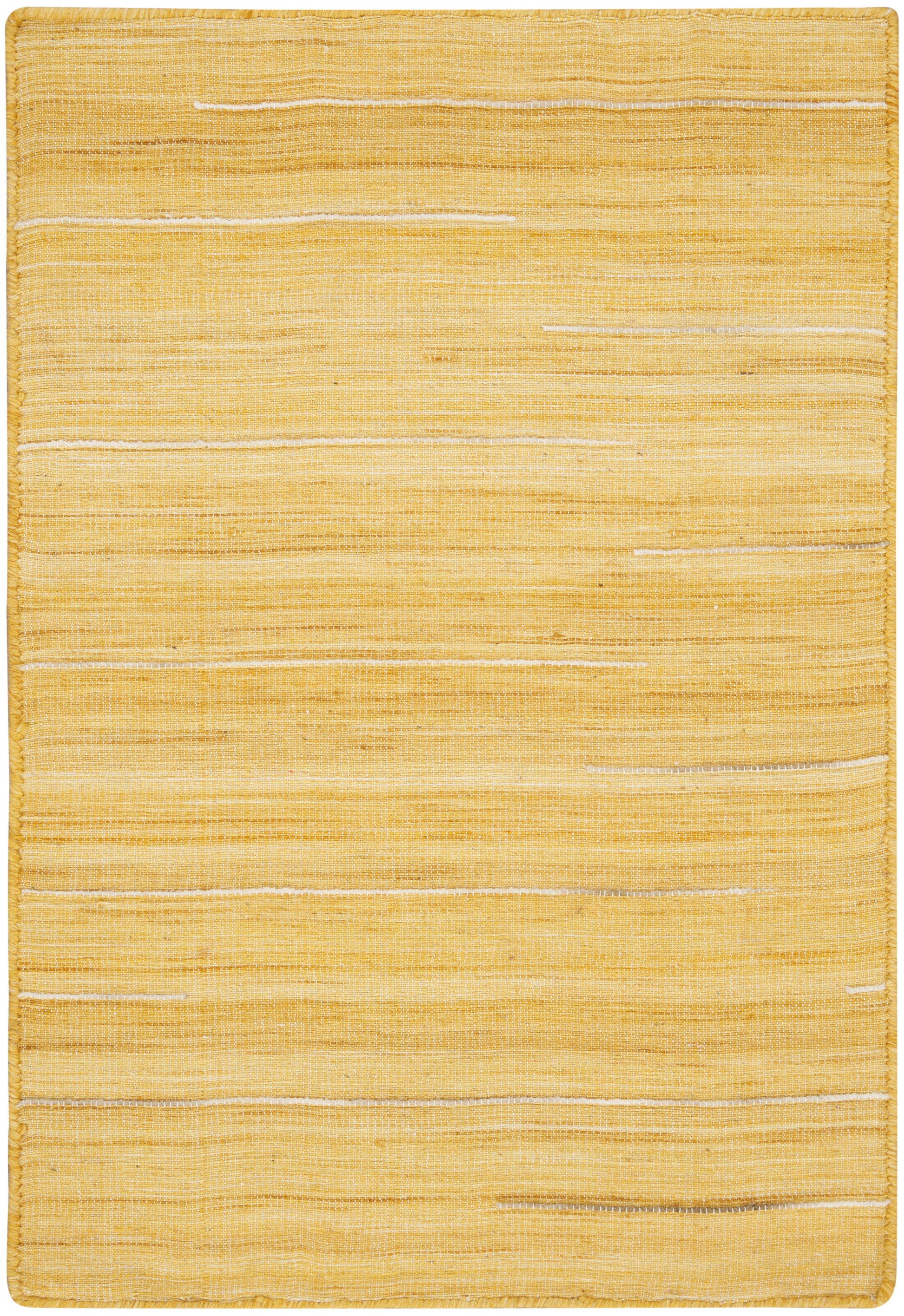 Golden yellow flatweave rug with pale cream horizontal stripes; rectangular natural-fiber rug for boho or coastal decor.