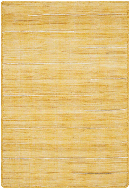 Golden yellow flatweave rug with pale cream horizontal stripes; rectangular natural-fiber rug for boho or coastal decor.