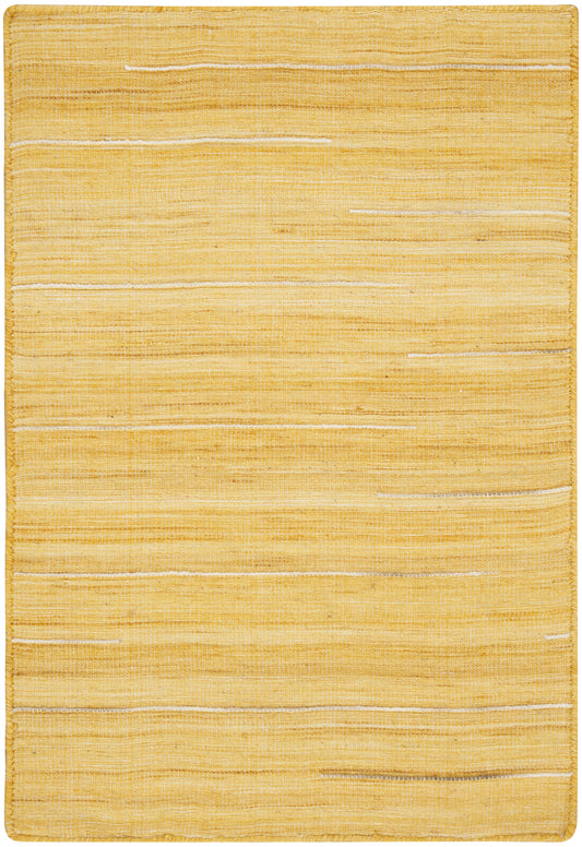 Golden yellow flatweave rug with pale cream horizontal stripes; rectangular natural-fiber rug for boho or coastal decor.