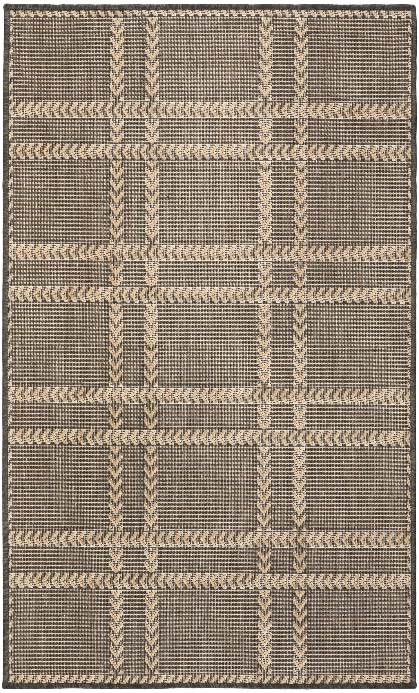 Rectangular flat-weave rug in beige and charcoal with a woven chevron and stripe grid pattern.