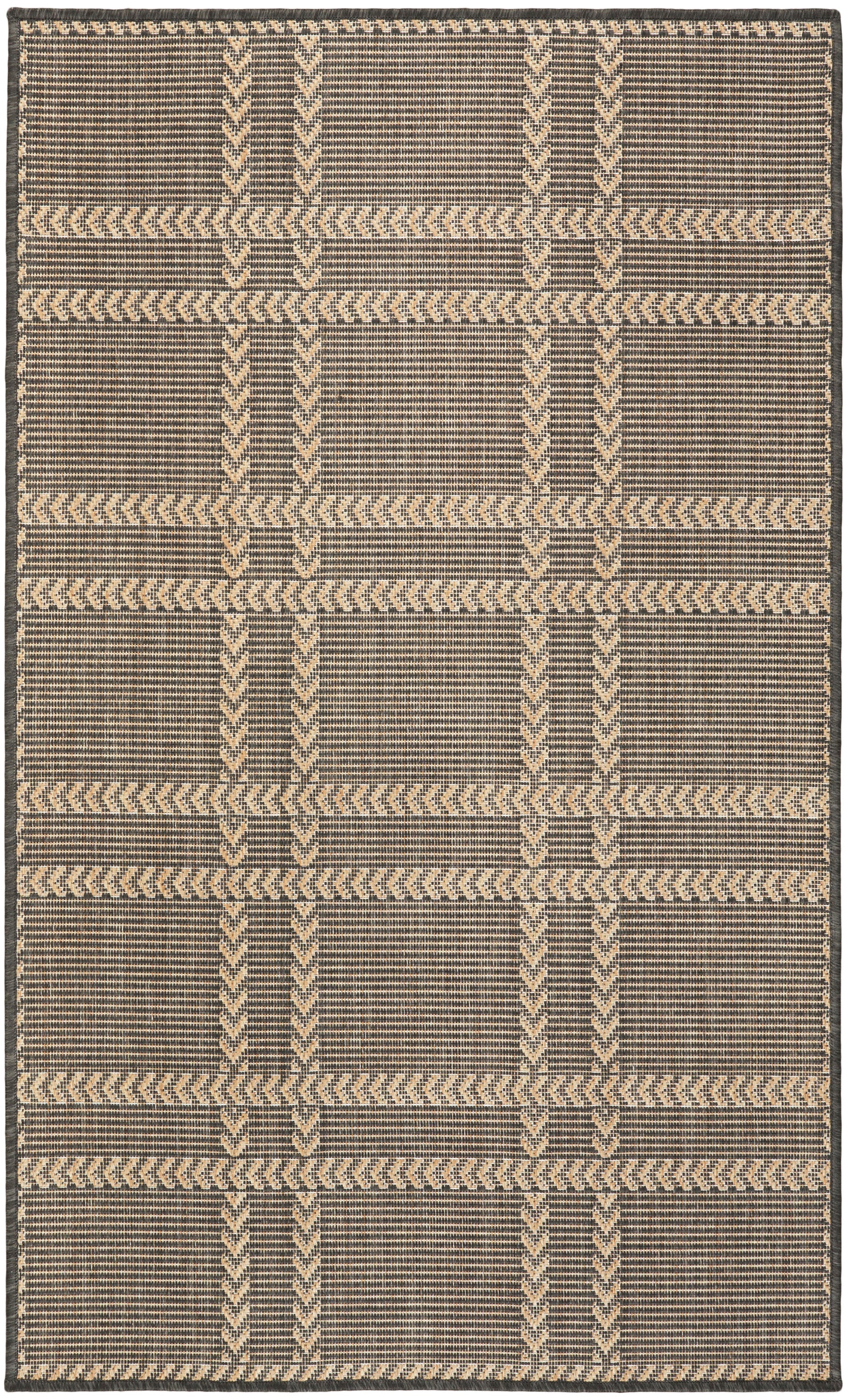 Rectangular flat-weave rug in beige and charcoal with a woven chevron and stripe grid pattern.