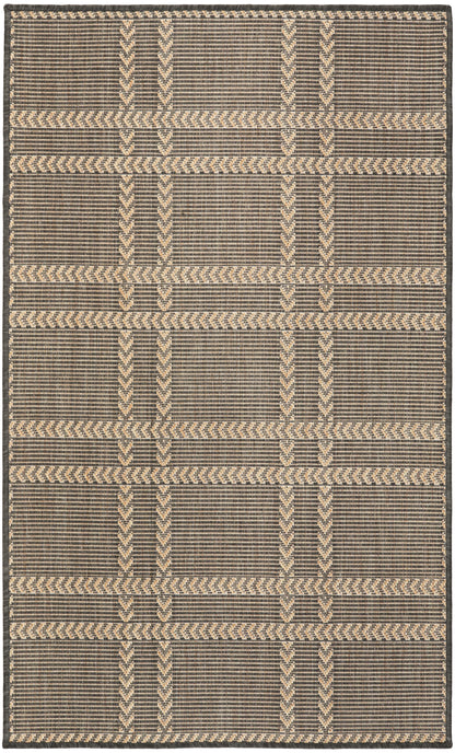 Rectangular flat-weave rug in beige and charcoal with a woven chevron and stripe grid pattern.