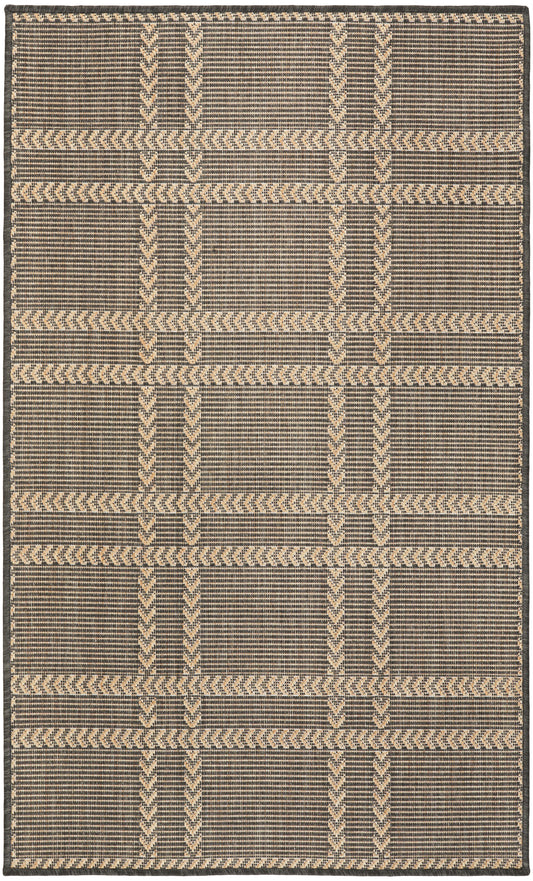 Rectangular flat-weave rug in beige and charcoal with a woven chevron and stripe grid pattern.
