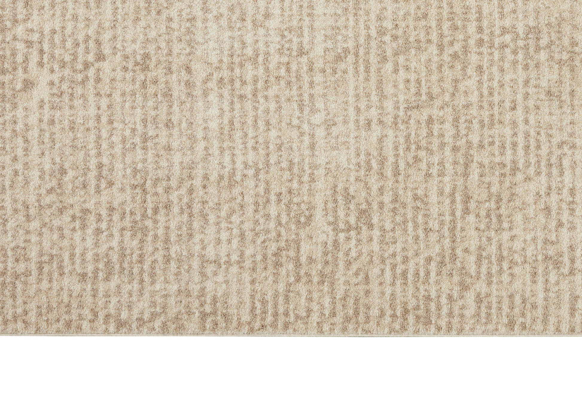 Beige textured rug with soft loop pile and subtle vertical stripe pattern.