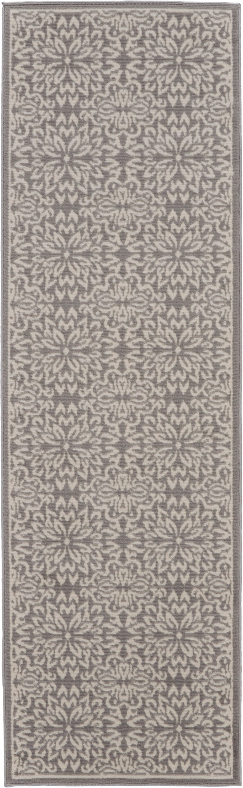 Taupe and ivory damask-patterned runner rug; soft woven textile, long rectangular hallway rug with subtle border.