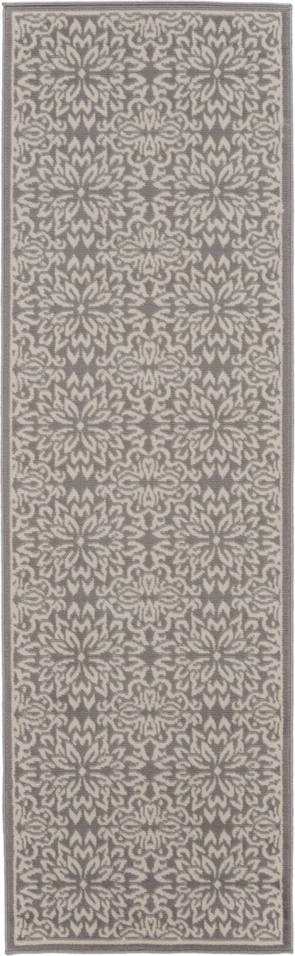 Taupe and ivory damask-patterned runner rug; soft woven textile, long rectangular hallway rug with subtle border.