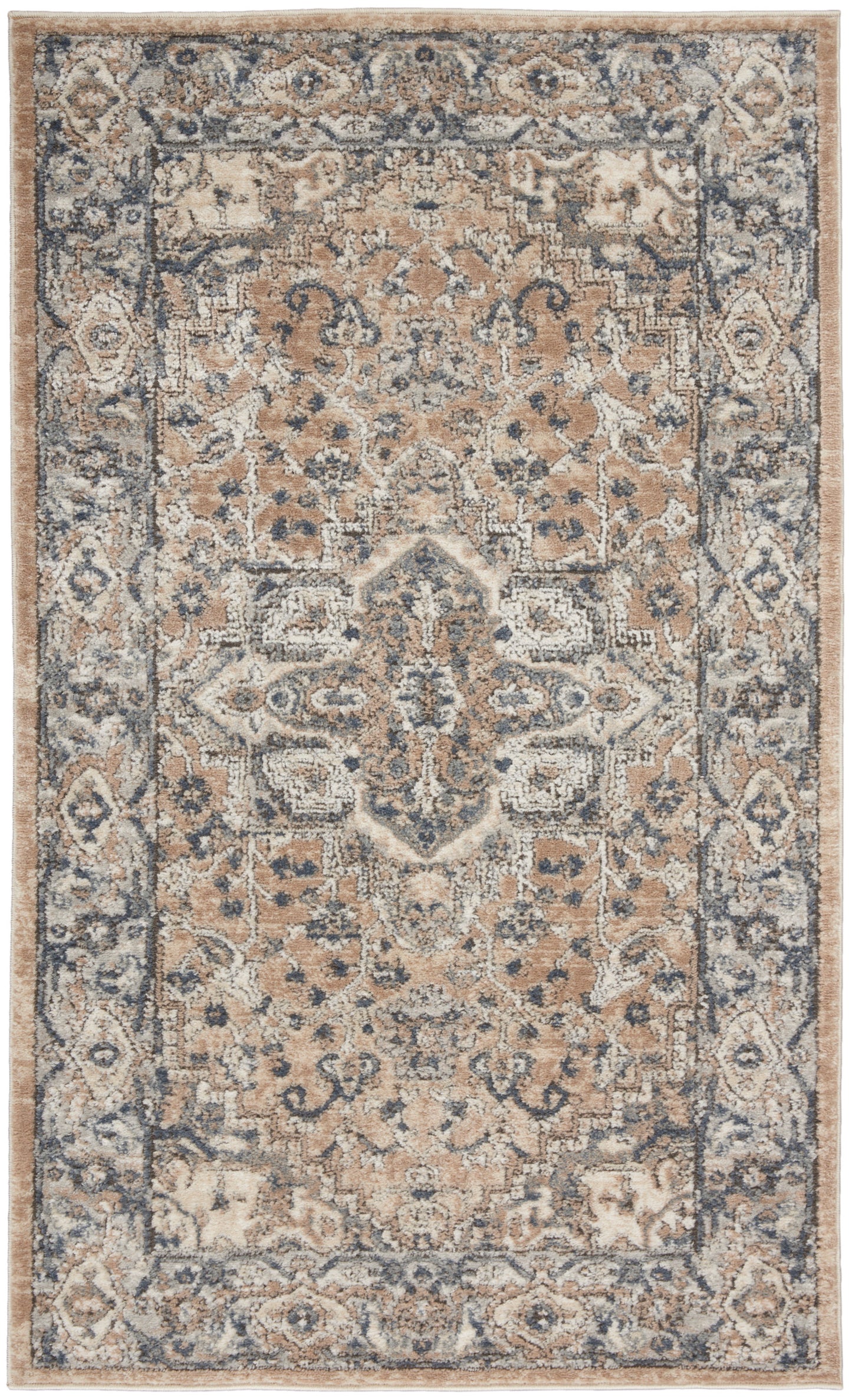 Rectangular farmhouse-style woven rug with beige/tan field, blue border and central medallion; floral motifs.