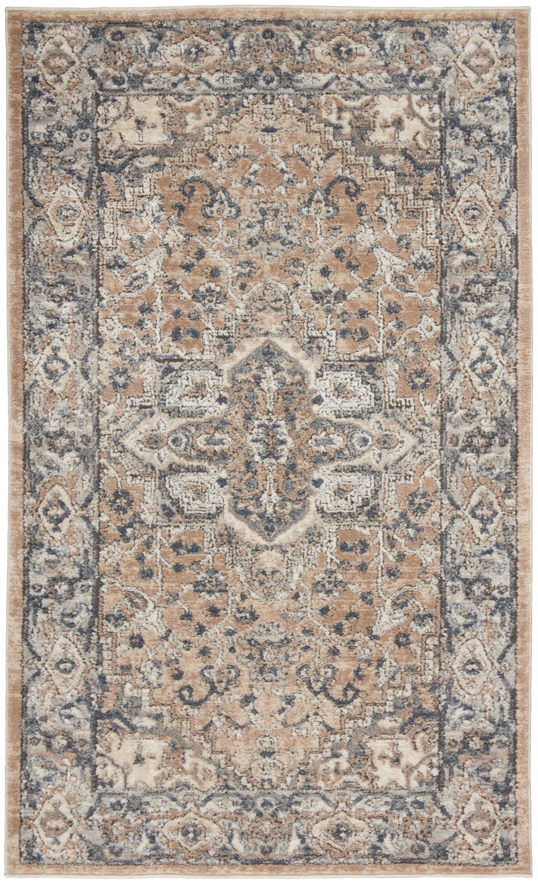 Rectangular farmhouse-style woven rug with beige/tan field, blue border and central medallion; floral motifs.