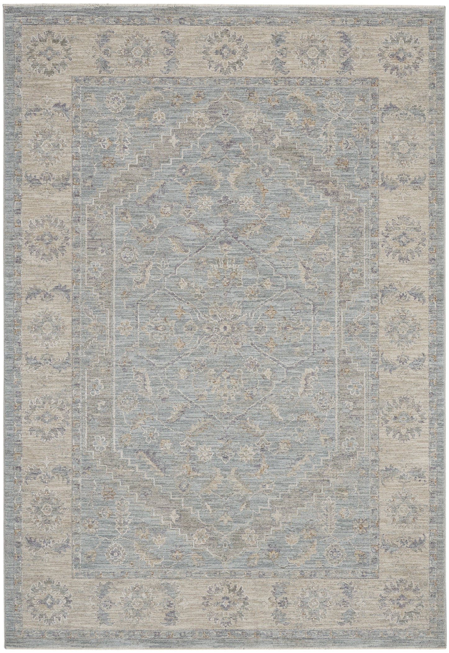 Rectangular rug in blue-gray and beige with a distressed oriental medallion pattern and floral border.