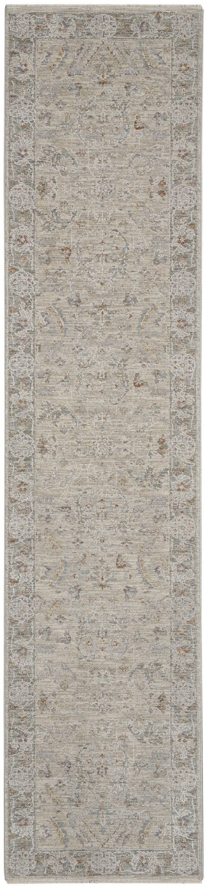 Rectangular distressed oriental runner rug in beige-gray with muted blue/brown floral motifs and decorative border.