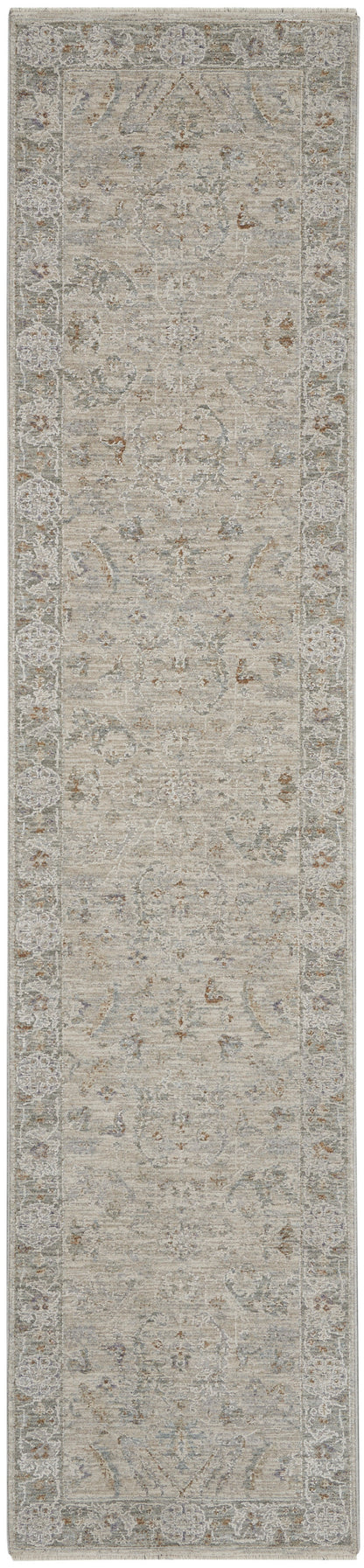 Rectangular distressed oriental runner rug in beige-gray with muted blue/brown floral motifs and decorative border.