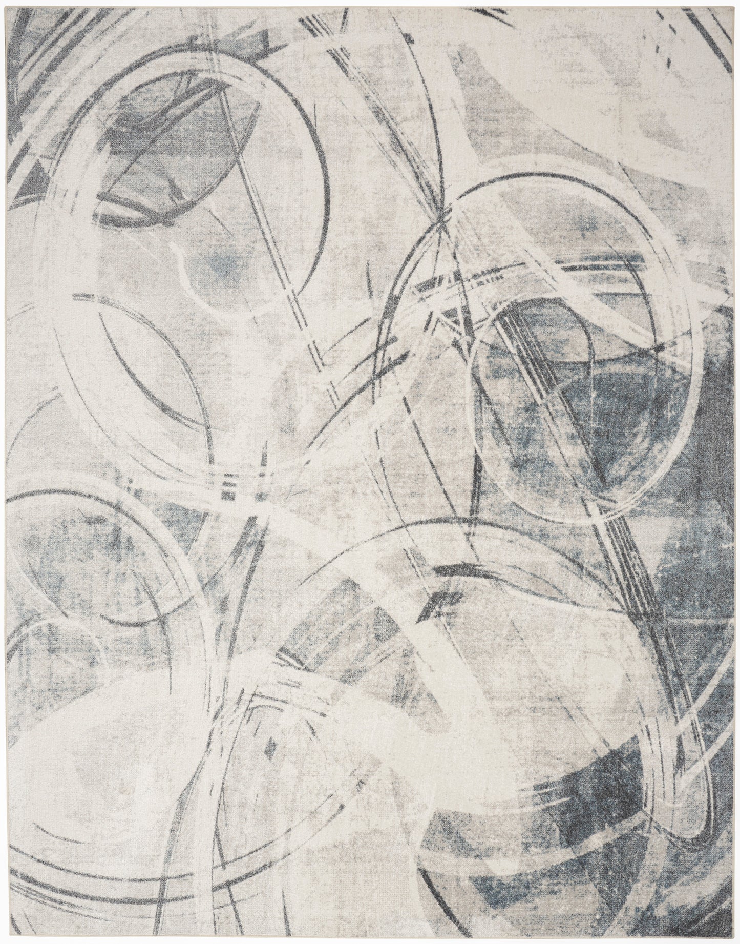 Grey-blue abstract circular pattern rug with overlapping rings and lines in a modern geometric design.
