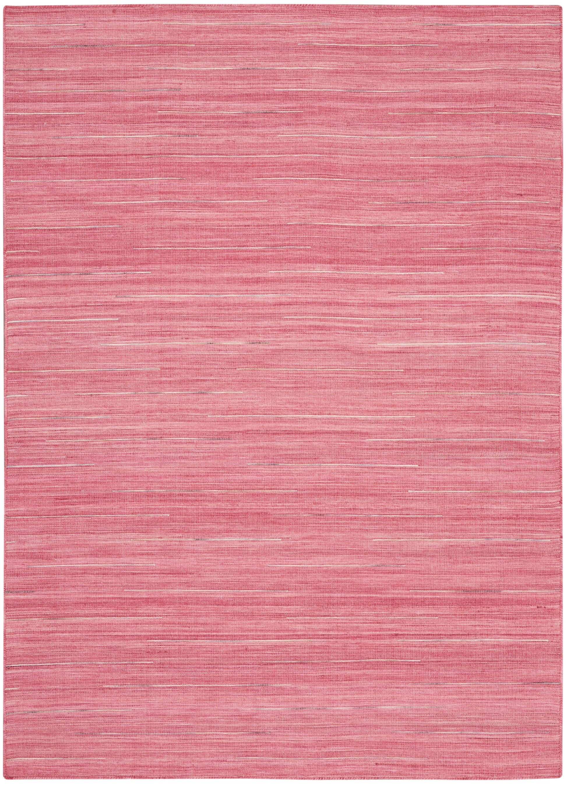 Pink flatweave rug with subtle horizontal pink stripes and a soft woven texture.