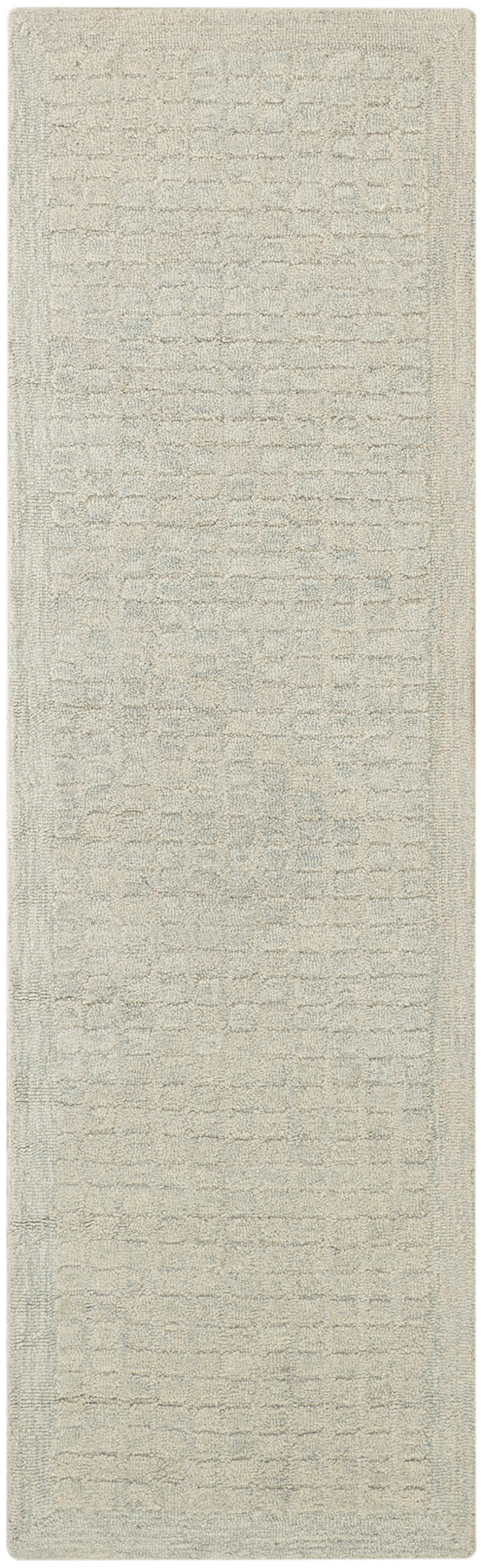 Beige textured runner rug with subtle rectangular pattern; soft looped pile, neutral color, long rectangular shape.